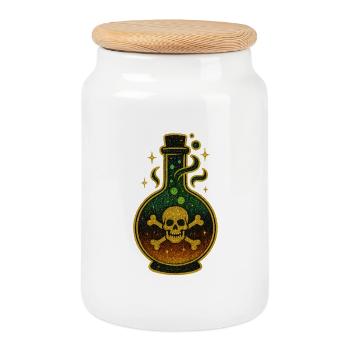Halloween Giftflasche | Glitzernde Totenkopfphiole - Keksdose mit Holzdeckel - Weiß - Vorne
