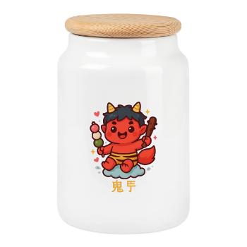 Sweet oni with dango and stick - Cookie Jar with Wooden Lid - white - Front
