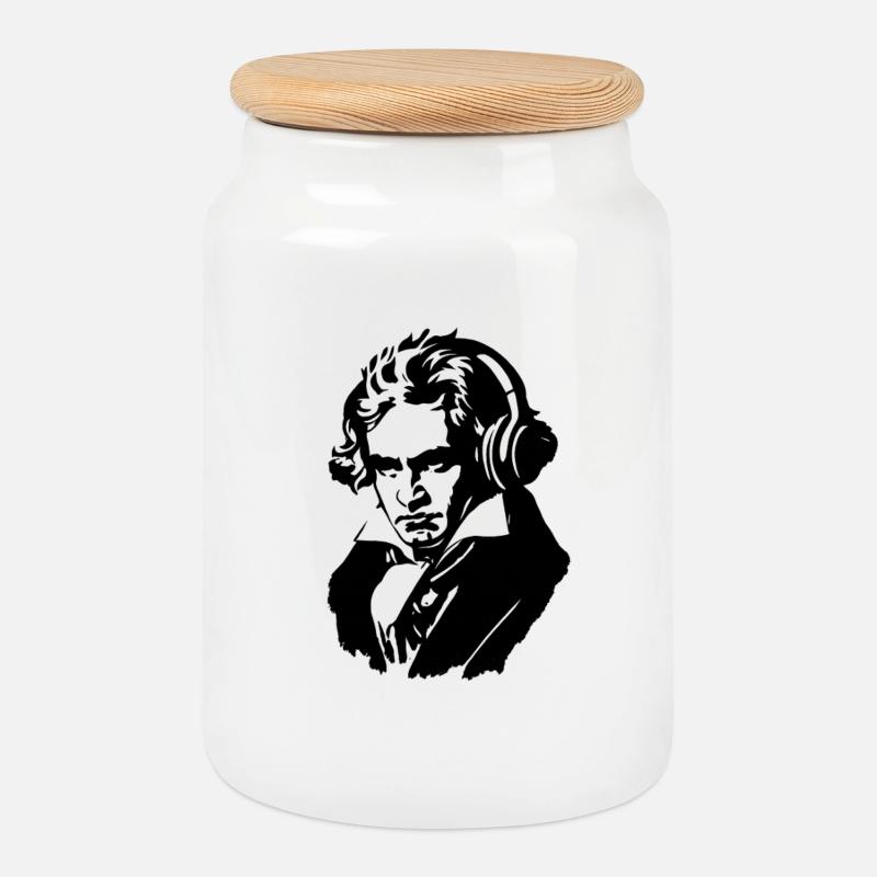 Ludwig van Beethoven mit Kopfhörern - Keksdose mit Holzdeckel - Weiß