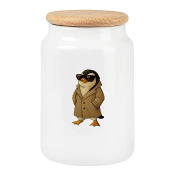 Penguin Detective Trench Coat - Cookie Jar with Wooden Lid - white - Front