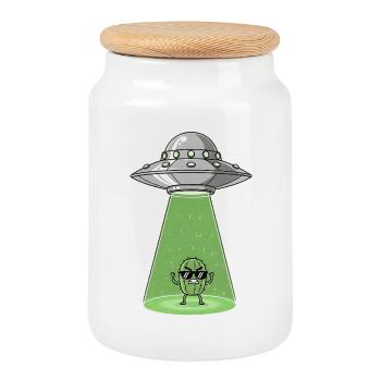 Cactus Alien in UFO Light - Cookie Jar with Wooden Lid - white - Front