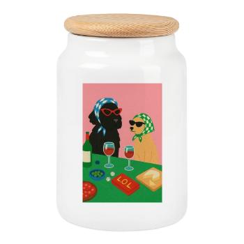 Stylish dogs at the cartoon wine bar - Cookie Jar with Wooden Lid - white - Front
