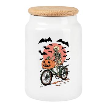 Squelette à vélo avec citrouille - Boîte à biscuits avec couvercle en bois - blanc - Devant