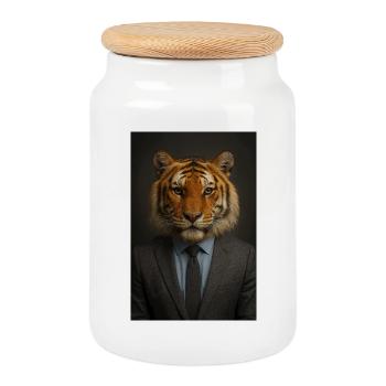 Tiger im Anzug Büro-Chic - Keksdose mit Holzdeckel - Weiß - Vorne