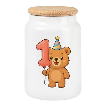Bear with balloon for his 1st birthday - Cookie Jar with Wooden Lid - white - Front