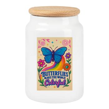 Papillon Couleur Monde Motif - Boîte à biscuits avec couvercle en bois - blanc - Devant