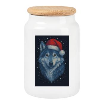Loup nordique au chapeau de Noël - Boîte à biscuits avec couvercle en bois - blanc - Devant