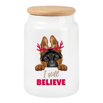 Peeking German Shepherd puppy dog with horns - Cookie Jar with Wooden Lid - white - Front