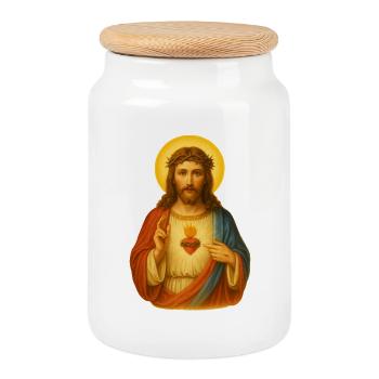 Impression de l'icône du cœur de Jésus - Boîte à biscuits avec couvercle en bois - blanc - Devant