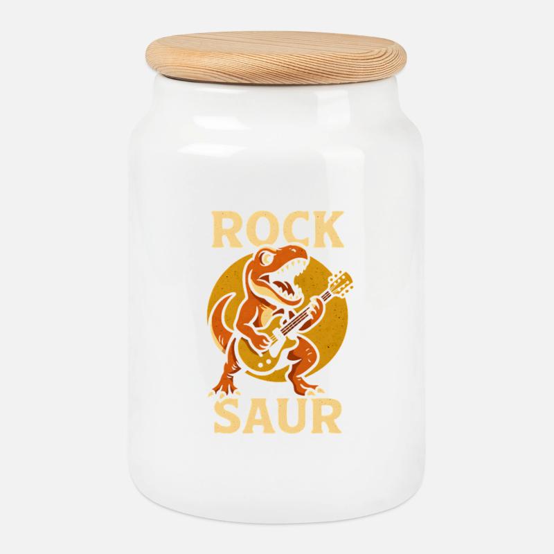 RockSaur Gitarren-Dino - Keksdose mit Holzdeckel - Weiß
