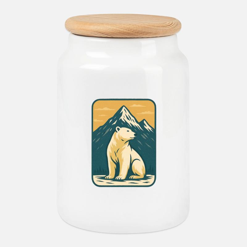 Ours polaire devant le paysage de montagne - Boîte à biscuits avec couvercle en bois - blanc