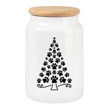 Christmas tree paw dog cat paws Christmas tree - Cookie Jar with Wooden Lid - white - Front