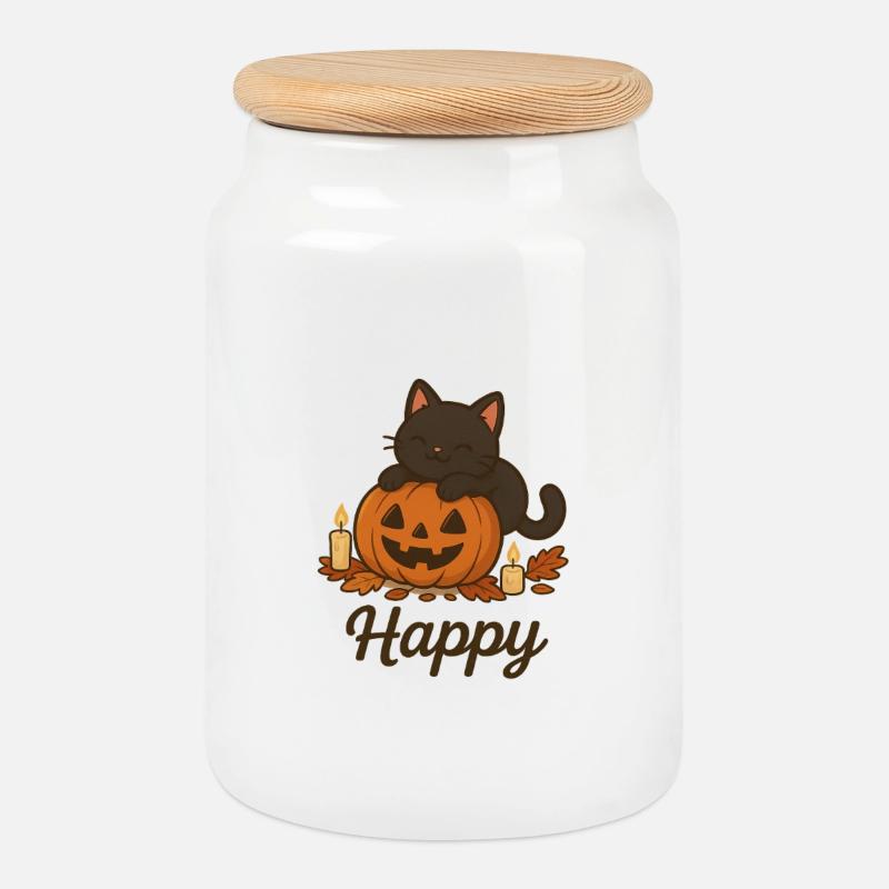Halloween Schwarze Katze – Glücklich - Keksdose mit Holzdeckel - Weiß
