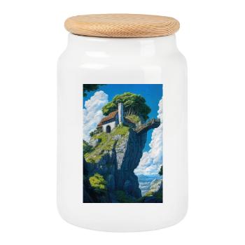 Mountain house landscape - Cookie Jar with Wooden Lid - white - Front