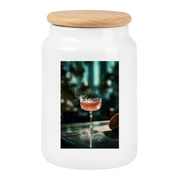 Pink Cocktail Splash in Coupe Glass - Cookie Jar with Wooden Lid - white - Front