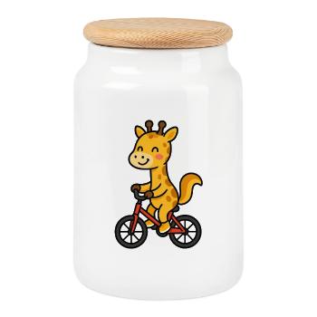 Giraffe on a bicycle - Cookie Jar with Wooden Lid - white - Front