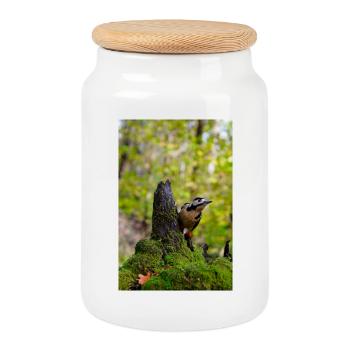 Pic forestier sur souche moussue - Boîte à biscuits avec couvercle en bois - blanc - Devant