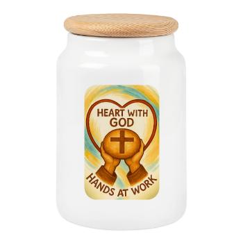 Le cœur avec Dieu – Les mains au travail - Boîte à biscuits avec couvercle en bois - blanc - Devant