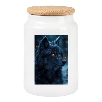 Illustration of a wolf - Cookie Jar with Wooden Lid - white - Front