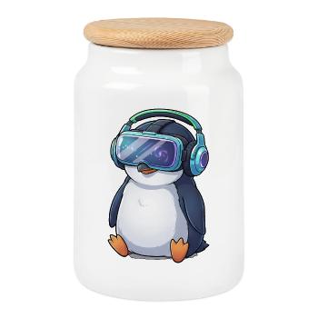 Cute Cartoon Penguin Gamer Gamer Virtual Reality - Cookie Jar with Wooden Lid - white - Front