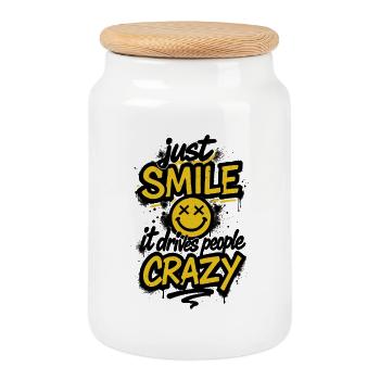Just Smile It rend les gens fous – Style graffiti - Boîte à biscuits avec couvercle en bois - blanc - Devant