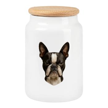 Boston Terrier Head Portrait - Cookie Jar with Wooden Lid - white - Front