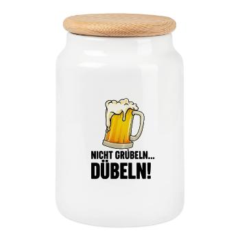 Nicht grübeln...dübeln!  - lustiger Bier Spruch - Keksdose mit Holzdeckel - Weiß - Vorne