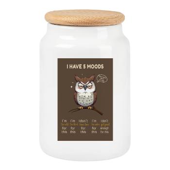 J’ai 5 humeurs – Hibou drôle avec dicton - Boîte à biscuits avec couvercle en bois - blanc - Devant