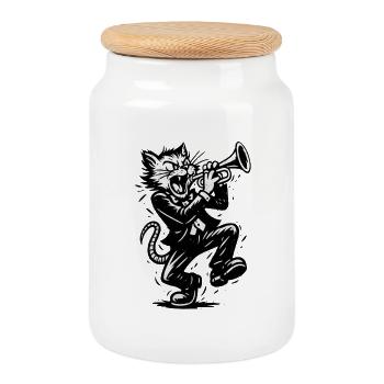 Trompette chat jazz en rockabilly - Boîte à biscuits avec couvercle en bois - blanc - Devant