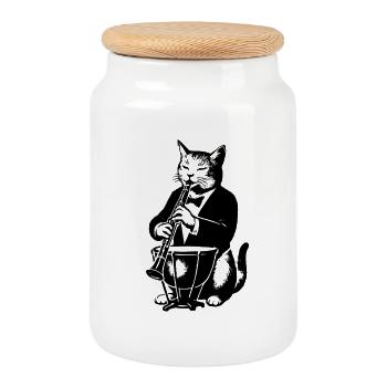 Chat musicien clarinette - Boîte à biscuits avec couvercle en bois - blanc - Devant