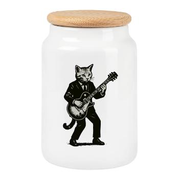 Katzen-Gitarrist im Anzug mit Gitarre - Keksdose mit Holzdeckel - Weiß - Vorne