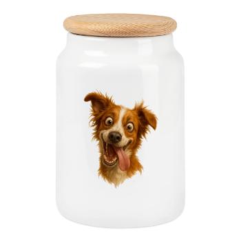 Laughing dog with tongue - Cookie Jar with Wooden Lid - white - Front