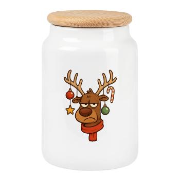 Renne agacé avec décoration de Noël - Boîte à biscuits avec couvercle en bois - blanc - Devant