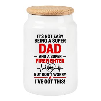 Heart + Firefighter – Super Firefighter Dad - Cookie Jar with Wooden Lid - white - Front