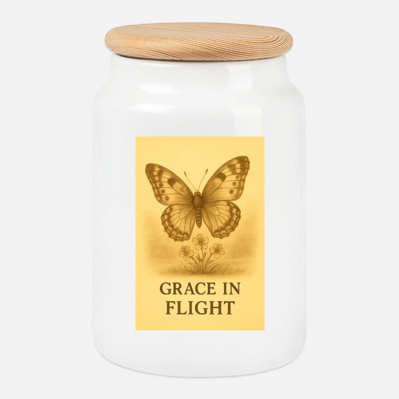 Grâce en Vol Papillon Fleur - Boîte à biscuits avec couvercle en bois - blanc