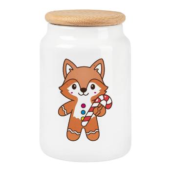 Niedlicher Lebkuchen Fuchs mit Zuckerstange - Keksdose mit Holzdeckel - Weiß - Vorne