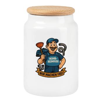 Rohrreiniger Hero Wir Machen Frei - Cookie Jar with Wooden Lid - white - Front