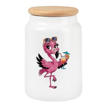 Flamant rose avec lunettes de soleil et cocktail tropical - Boîte à biscuits avec couvercle en bois - blanc - Devant