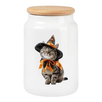 Déguisement de sorcier sorcier chat Halloween - Boîte à biscuits avec couvercle en bois - blanc - Devant