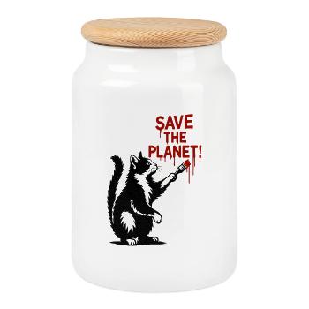 Planet Protection Cat Art - Cookie Jar with Wooden Lid - white - Front