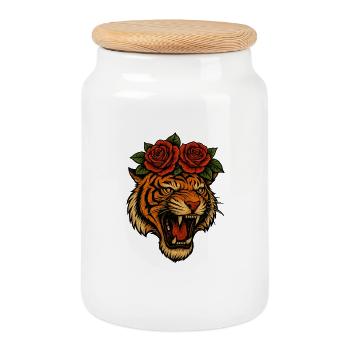 Fierce Tiger Head with Roses – High-Resolution Tra - Cookie Jar with Wooden Lid - white - Front