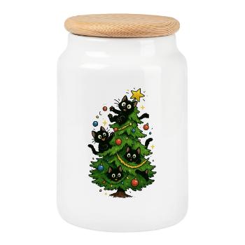 Christmas Tree Cats Christmas - Cookie Jar with Wooden Lid - white - Front