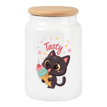 Chat gourmand et crème glacée - Cookie Jar with Wooden Lid - white - Front
