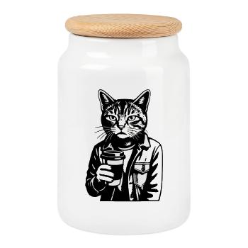 Cat Barista in Hoodie - Cookie Jar with Wooden Lid - white - Front