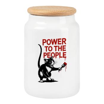 Power to the People Cat Painting - Cookie Jar with Wooden Lid - white - Front