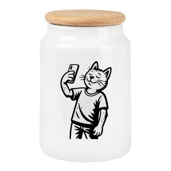 Selfie-Katze im Sketchstil - Keksdose mit Holzdeckel - Weiß - Vorne