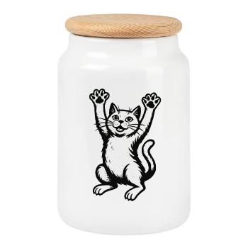 Cat Cheers Paw High Vintage Lines - Cookie Jar with Wooden Lid - white - Front