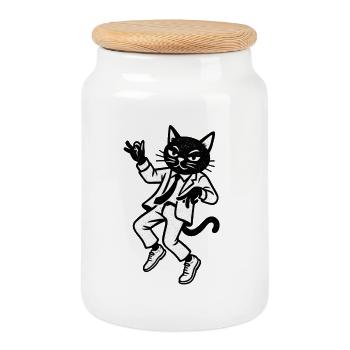 Chat jazz en costume en danse - Boîte à biscuits avec couvercle en bois - blanc - Devant