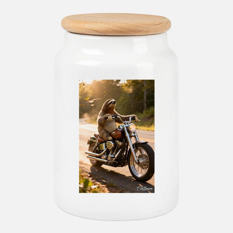 Faultier auf Motorrad - Keksdose mit Holzdeckel - Weiß
