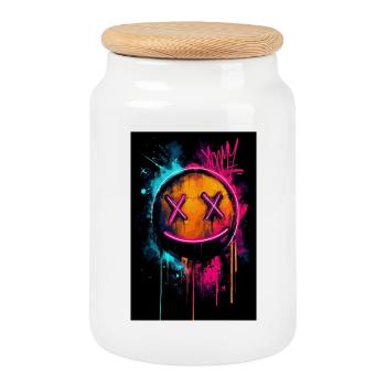 Graffiti néon Smiley avec des yeux en X - Boîte à biscuits avec couvercle en bois - blanc - Devant
